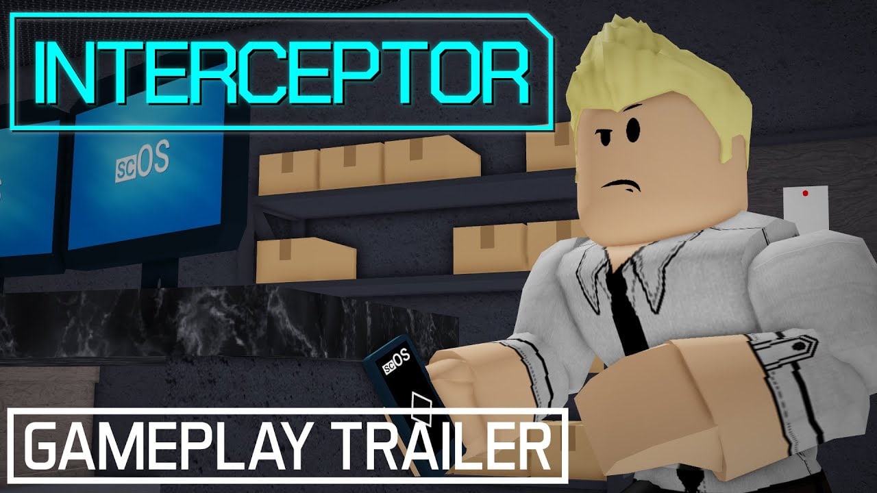 INTERCEPTOR gameplay: a blonde hacker in a white shirt holding an SC/OS phone beside warehouse monitors