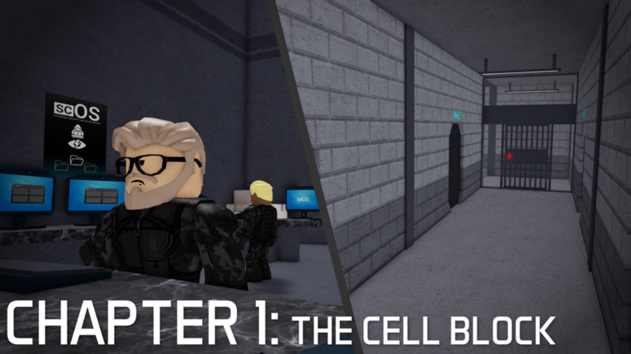 Split INTERCEPTOR screenshot of the Cell Block security desk and the prison hallway with a locked gate